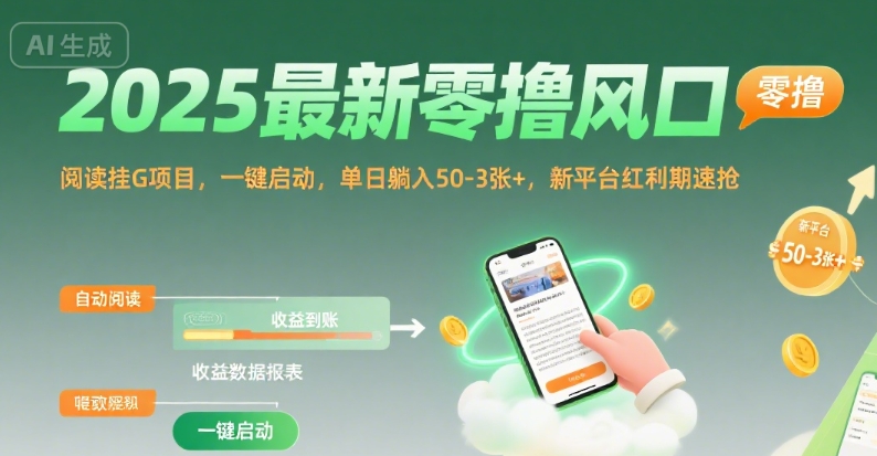 2025最新零撸风口,阅读挂G项目,一键启动,单日躺入 50-3张+,新平台红利期速抢【揭秘】-雅芽云网创