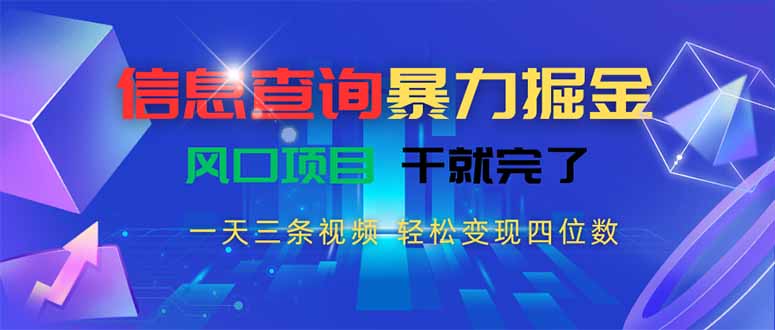 信息查询暴力掘金，一天三条视频 轻松变现四位数，风口项目干就完了-雅芽云网创