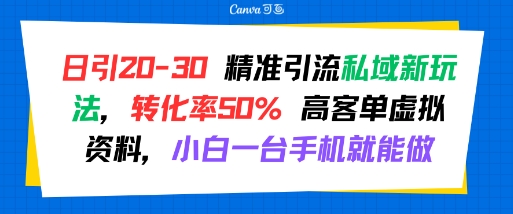 日引 20-30 精准引流私域新玩法，转化率50% 高客单虚拟资料，小白一台手机就能做-雅芽云网创