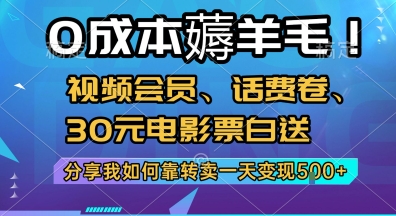 0成本薅羊毛!视频会员、话费卷、30元电影票白送，分享我如何靠转卖一天变现5张+【揭秘】-雅芽云网创