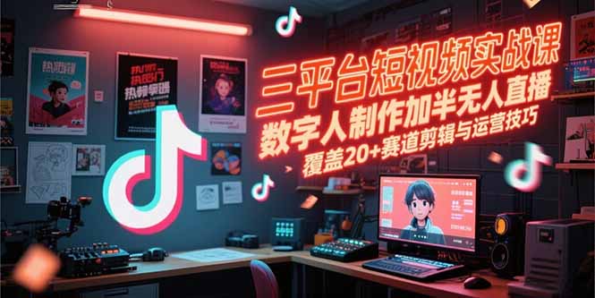 三平台短视频实战课，数字人制作加半无人直播，覆盖20+赛道剪辑与运营技巧-雅芽云网创
